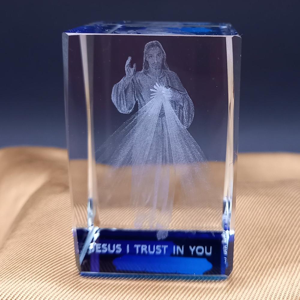 Divine Mercy Crystal Block: Laser-Engraved with Blue Base