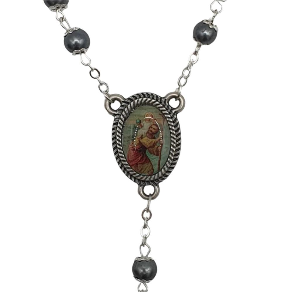 Hematite Bead Car Rosary with St. Christopher Centrepiece