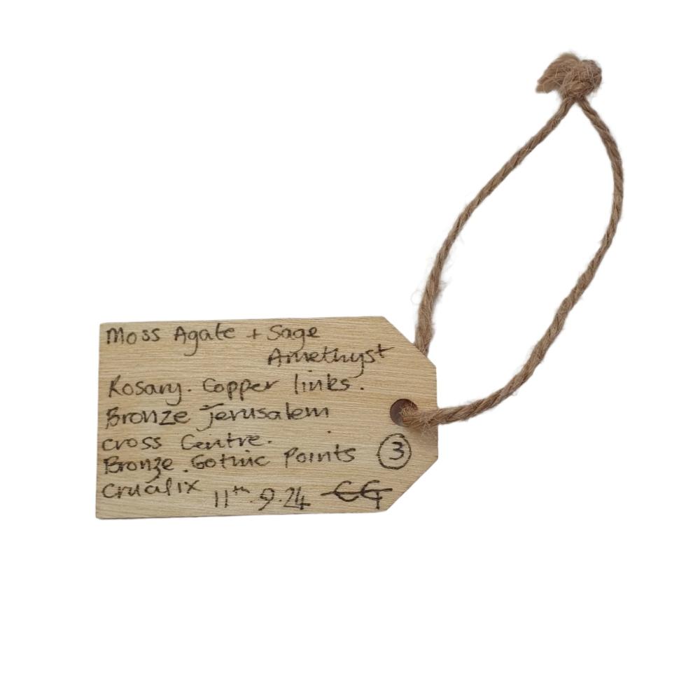 Handmade Moss Agate and Sage Amethyst Rosary with Bronze Jerusalem Centrepiece and Gothic Crucifix