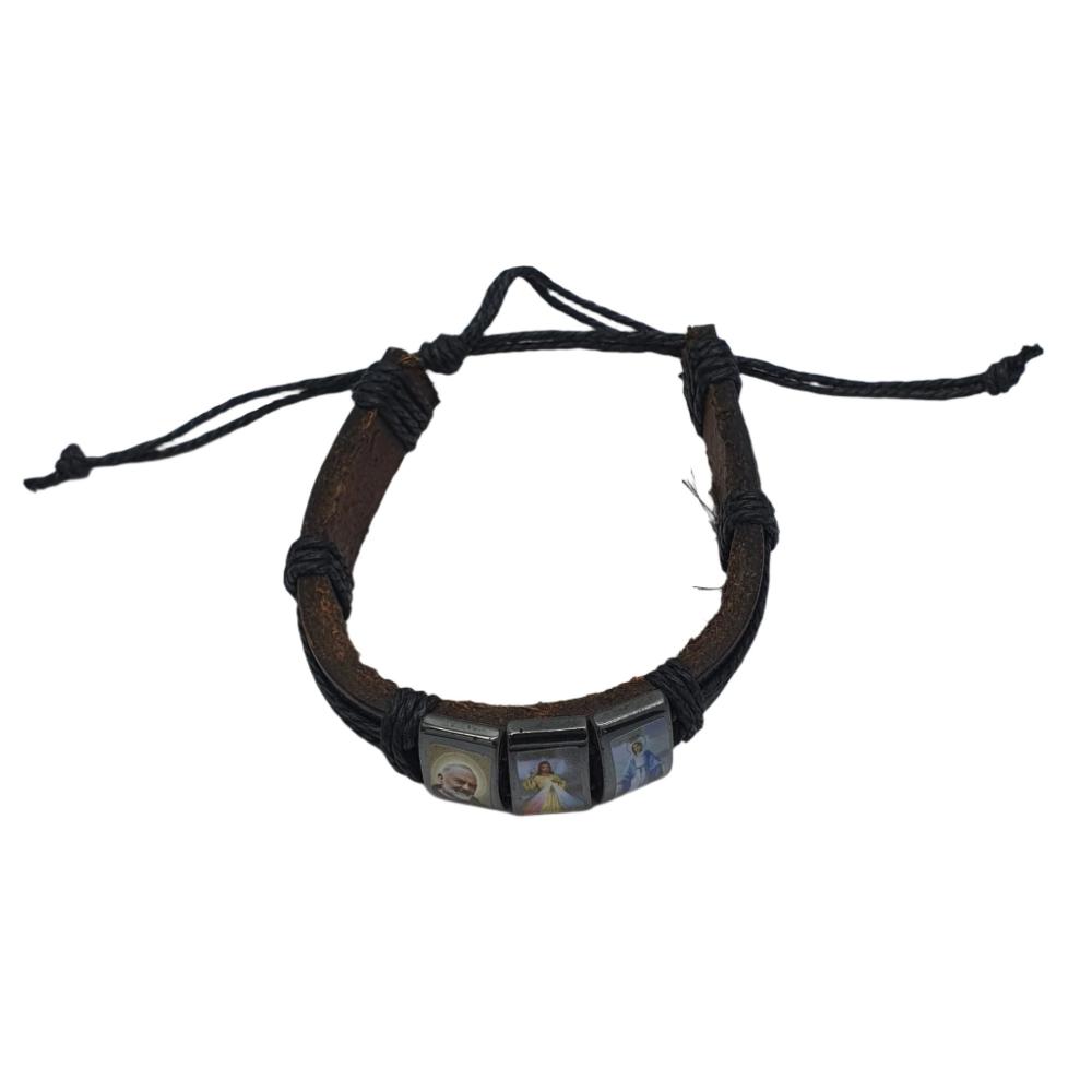 Adjustable Leatherette Saints Bracelet – Padre Pio, Divine Mercy, and Miraculous Mary