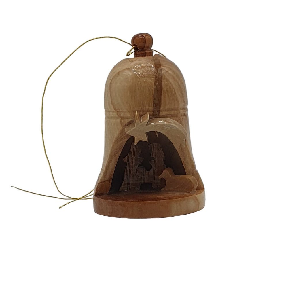Olive Wood Nativity Bell Hanging Decoration - 7cm