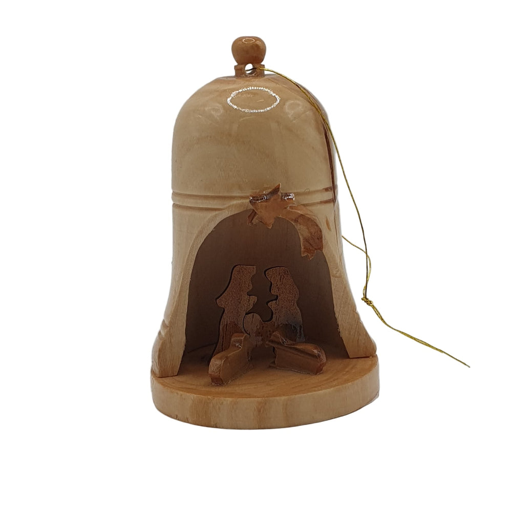 Olive Wood Nativity Bell Hanging Decoration - 9cm