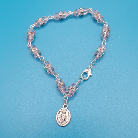 Pink Crystal Rosary Charm Bracelet with Miraculous Medal