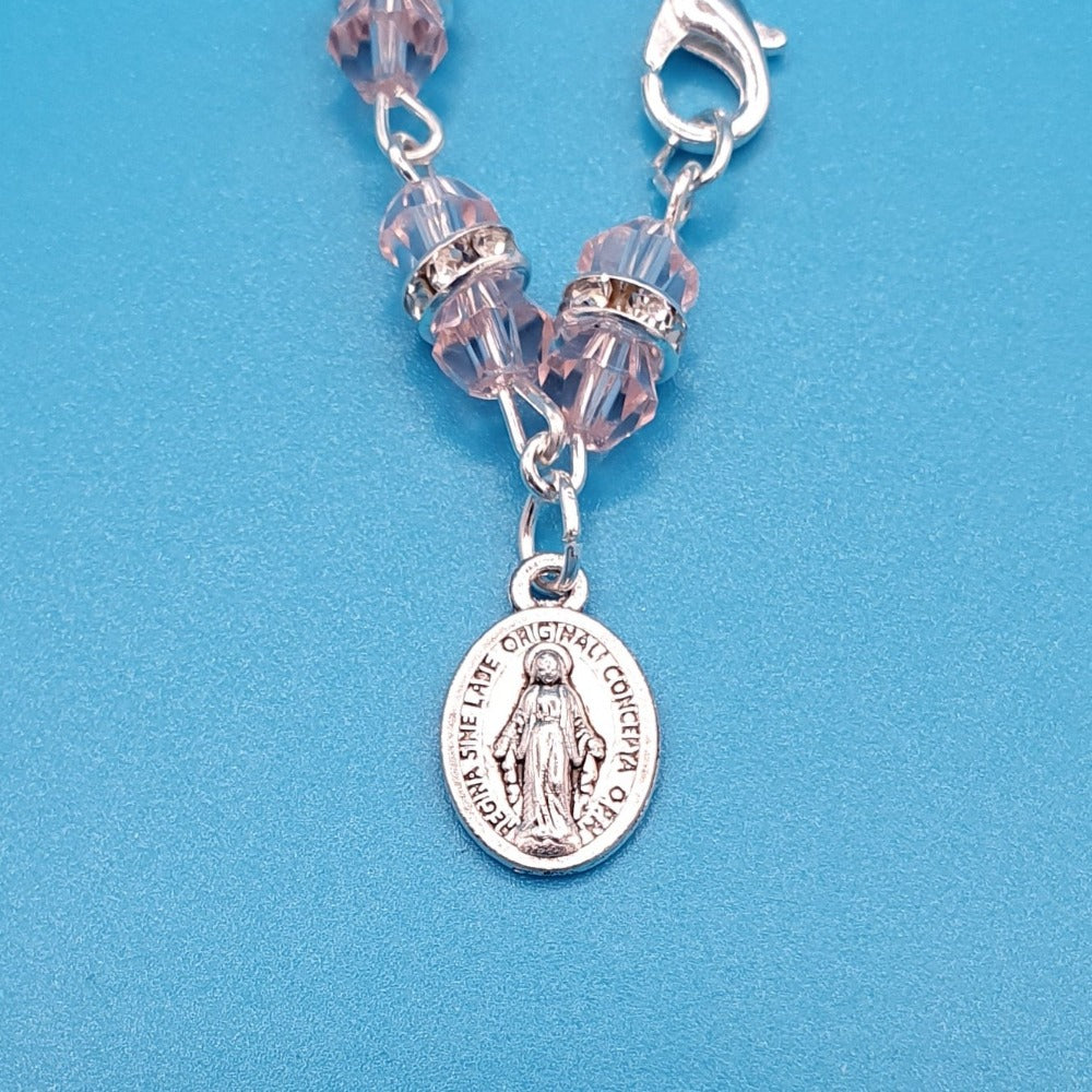 Pink Crystal Rosary Charm Bracelet with Miraculous Medal