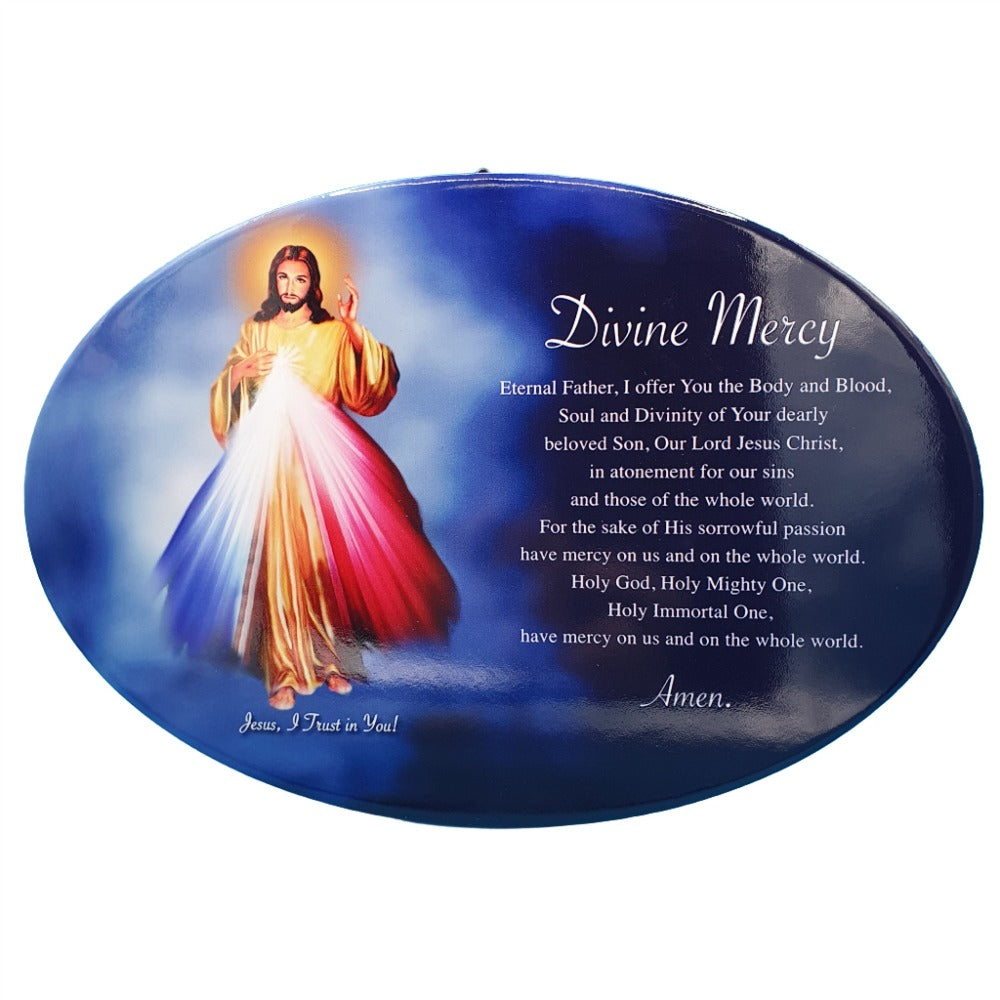 Divine Mercy Ceramic Plaque - 6x9 Inch Oval Design with Stand/Hanger