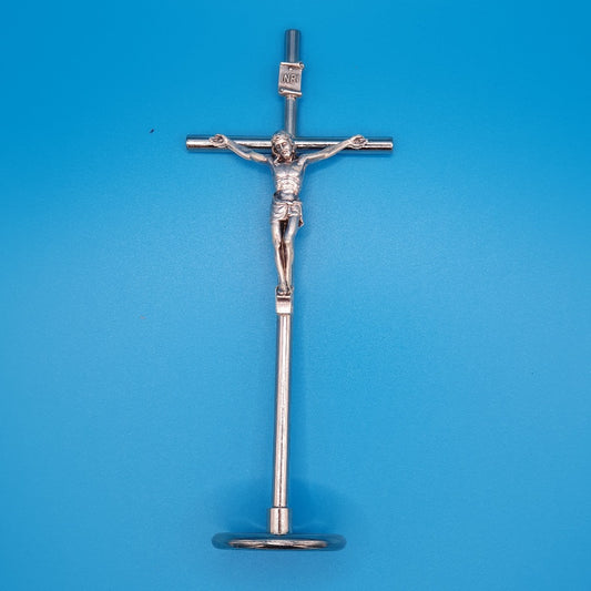 Standing Metal Crucifix with Blue Enamel Base 6 1/4 inch