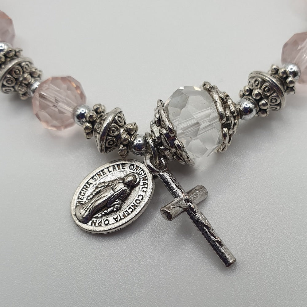Pink Rosary Bracelet with Crucifix and Miraculous Medal