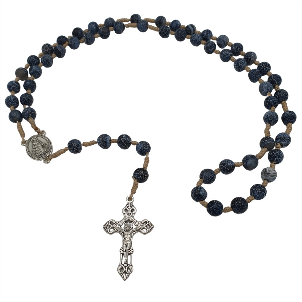 Heavenly Whispers: Rosary on Rope with Real Cracked Blue Agate Stone