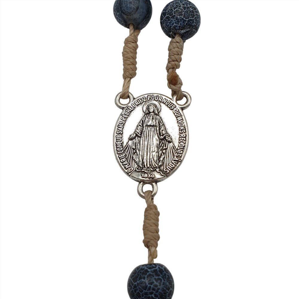 Heavenly Whispers: Rosary on Rope with Real Cracked Blue Agate Stone