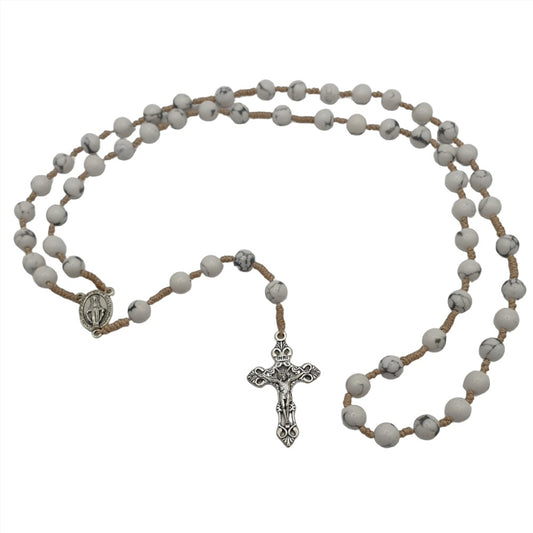 Elegance and Devotion: 8mm White Turquoise Stone Rosary on Rope