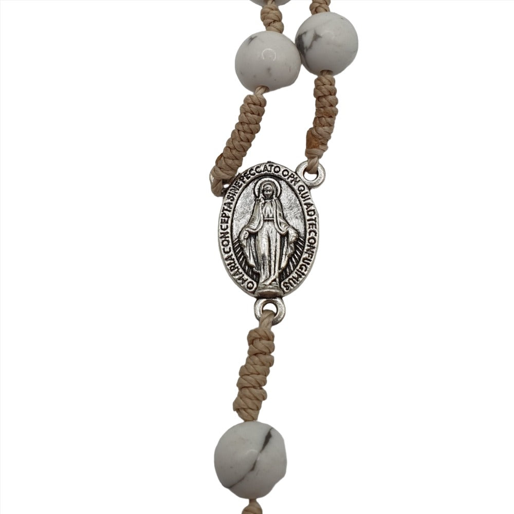 Elegance and Devotion: 8mm White Turquoise Stone Rosary on Rope