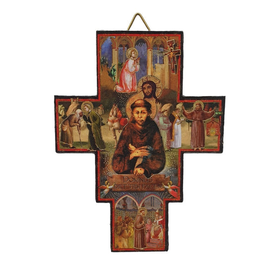 9cm Wooden Cross Featuring the Life of St. Francis of Assisi - Made in Italy
