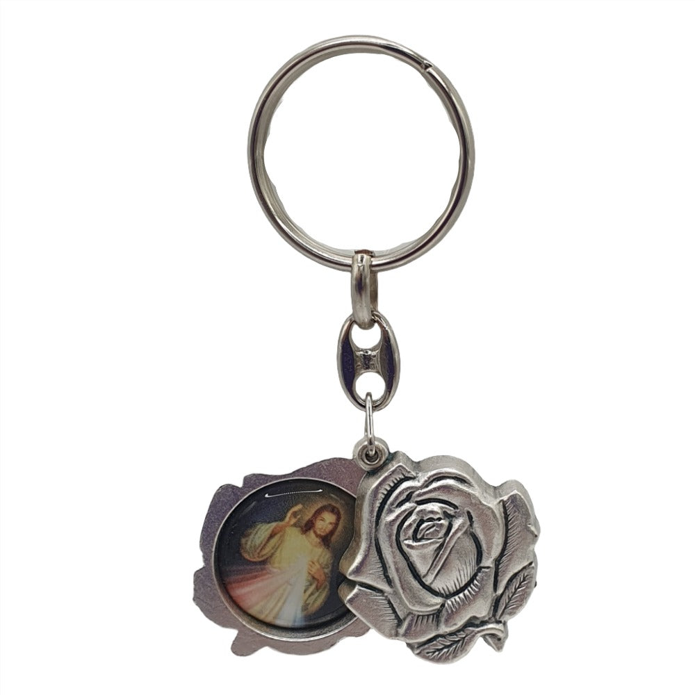 Elegant Rose-Shaped Metal Keyring with Divine Mercy and Immaculate Heart Images