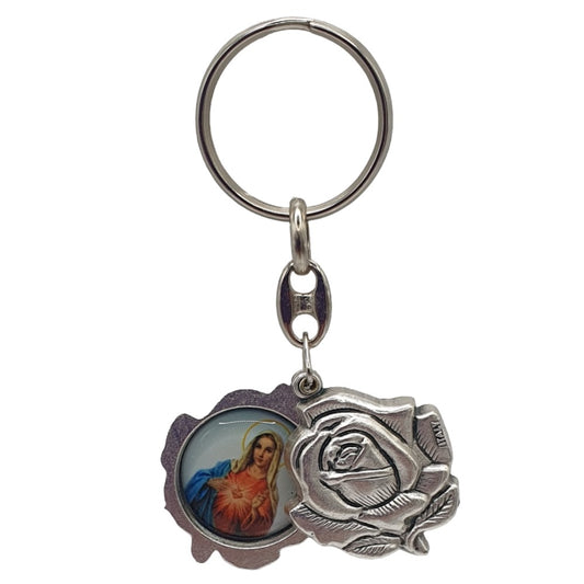 Elegant Rose-Shaped Metal Keyring with Divine Mercy and Immaculate Heart Images