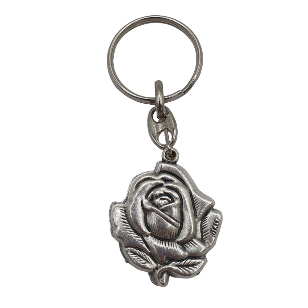 Elegant Rose-Shaped Metal Keyring with Divine Mercy and Immaculate Heart Images