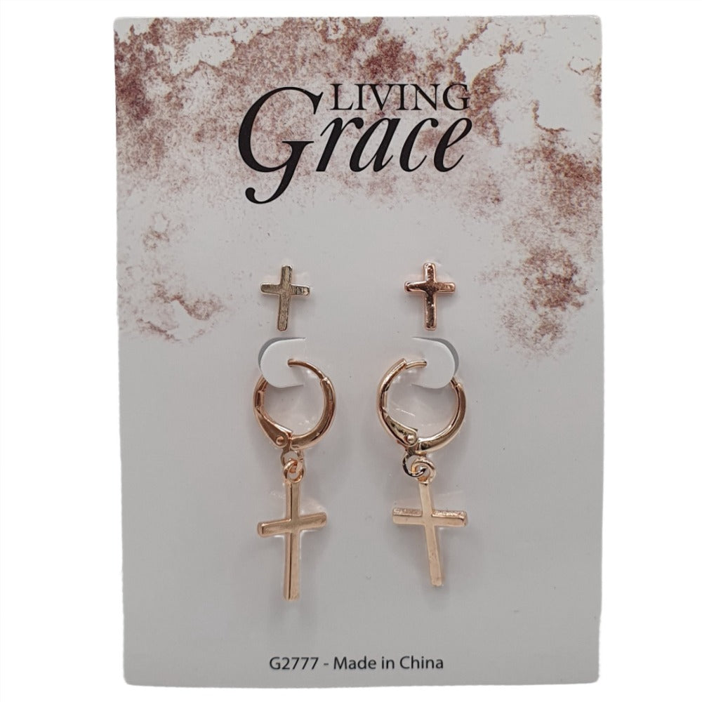 Elegant Cross Earring Set – Studs & Hoops in Gold or Rose Gold