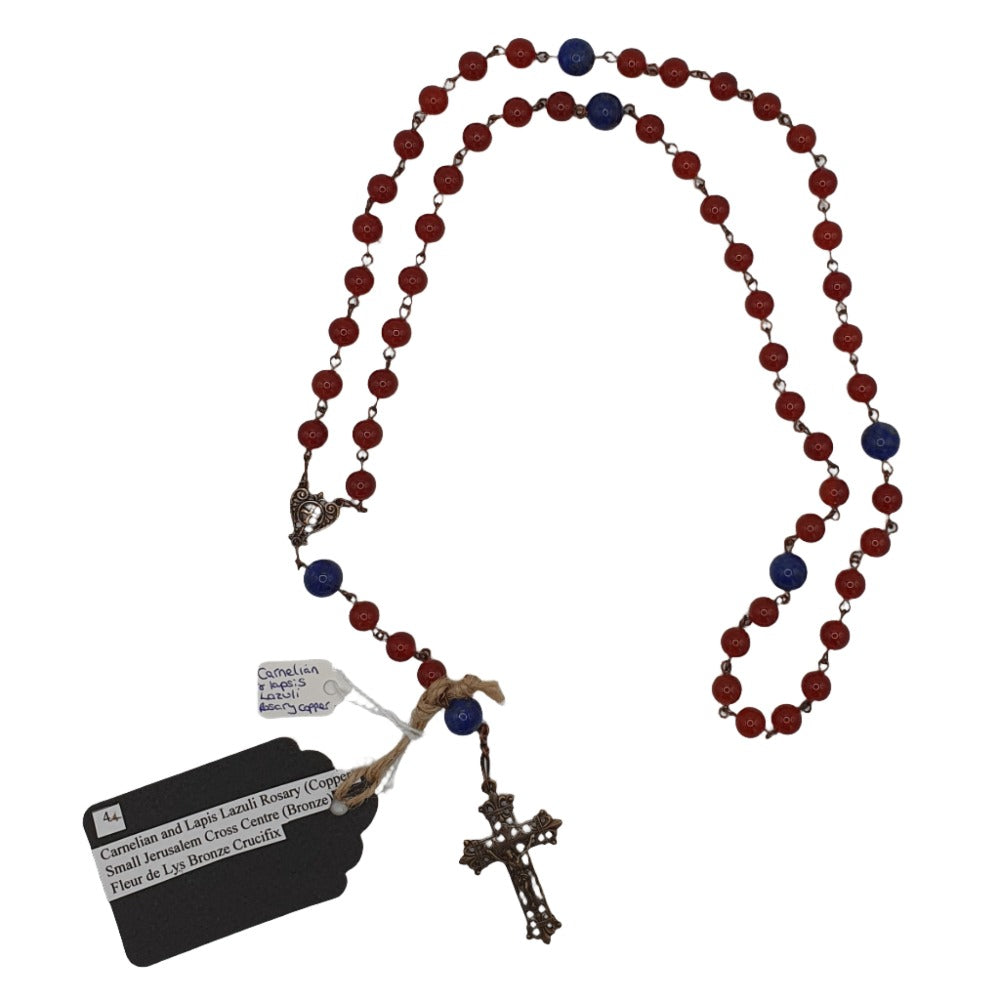 Bespoke Carnelian and Lapis Lazuli Rosary with Bronze Jerusalem Cross