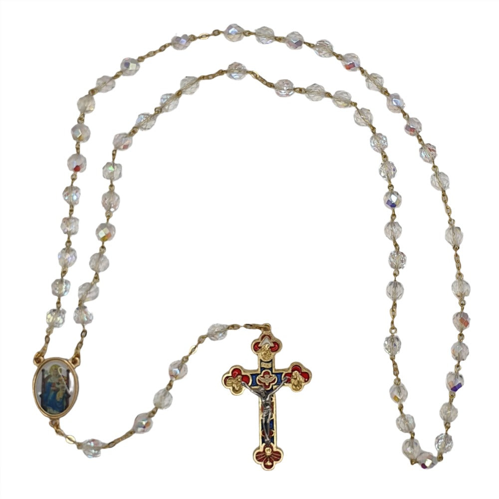 Our Lady of Walsingham Clear Crystal Rosary with Gold-Coloured Chain