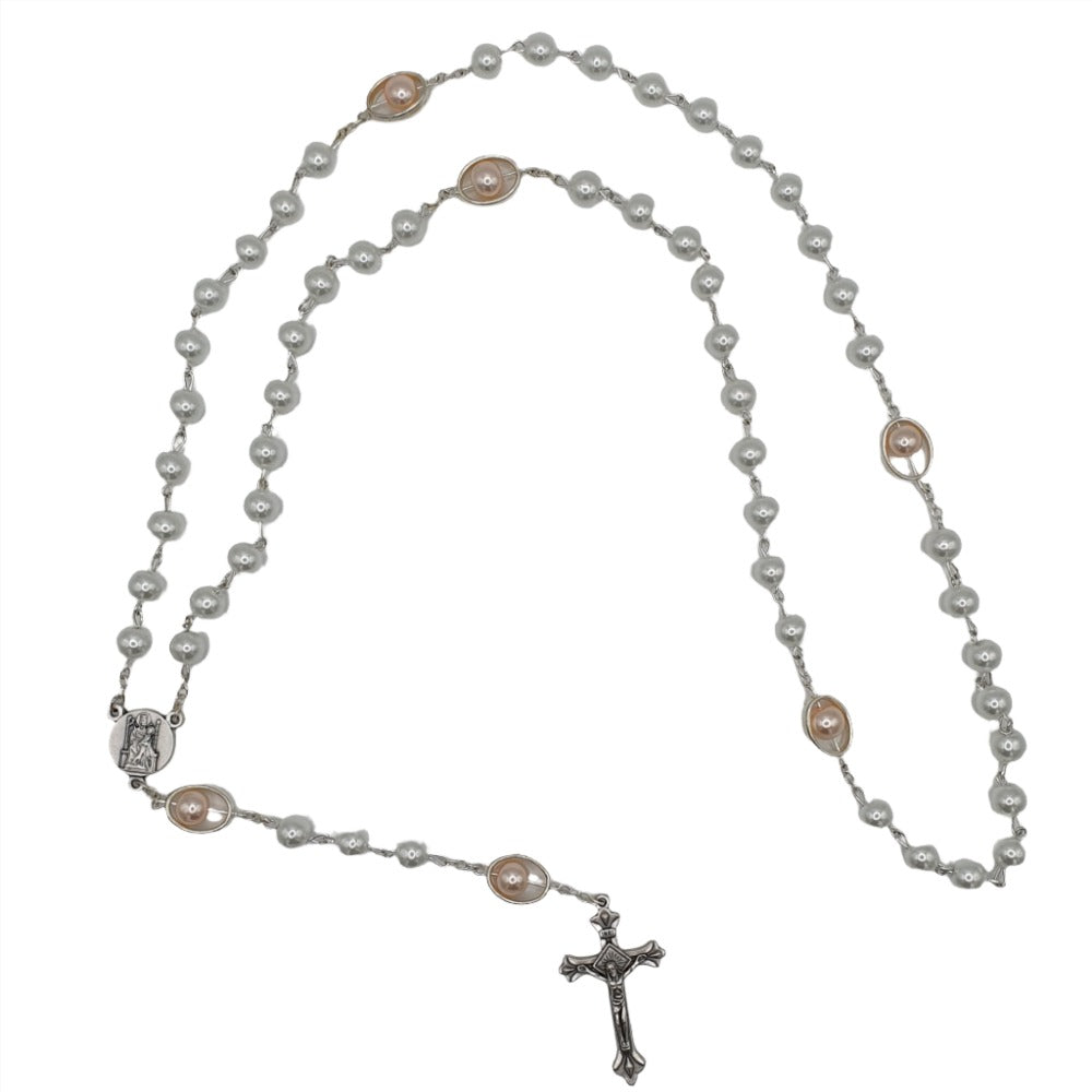 Imitation Pearl Rosary with Our Lady of Walsingham Centrepiece