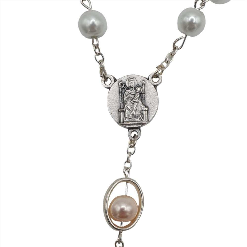 Imitation Pearl Rosary with Our Lady of Walsingham Centrepiece