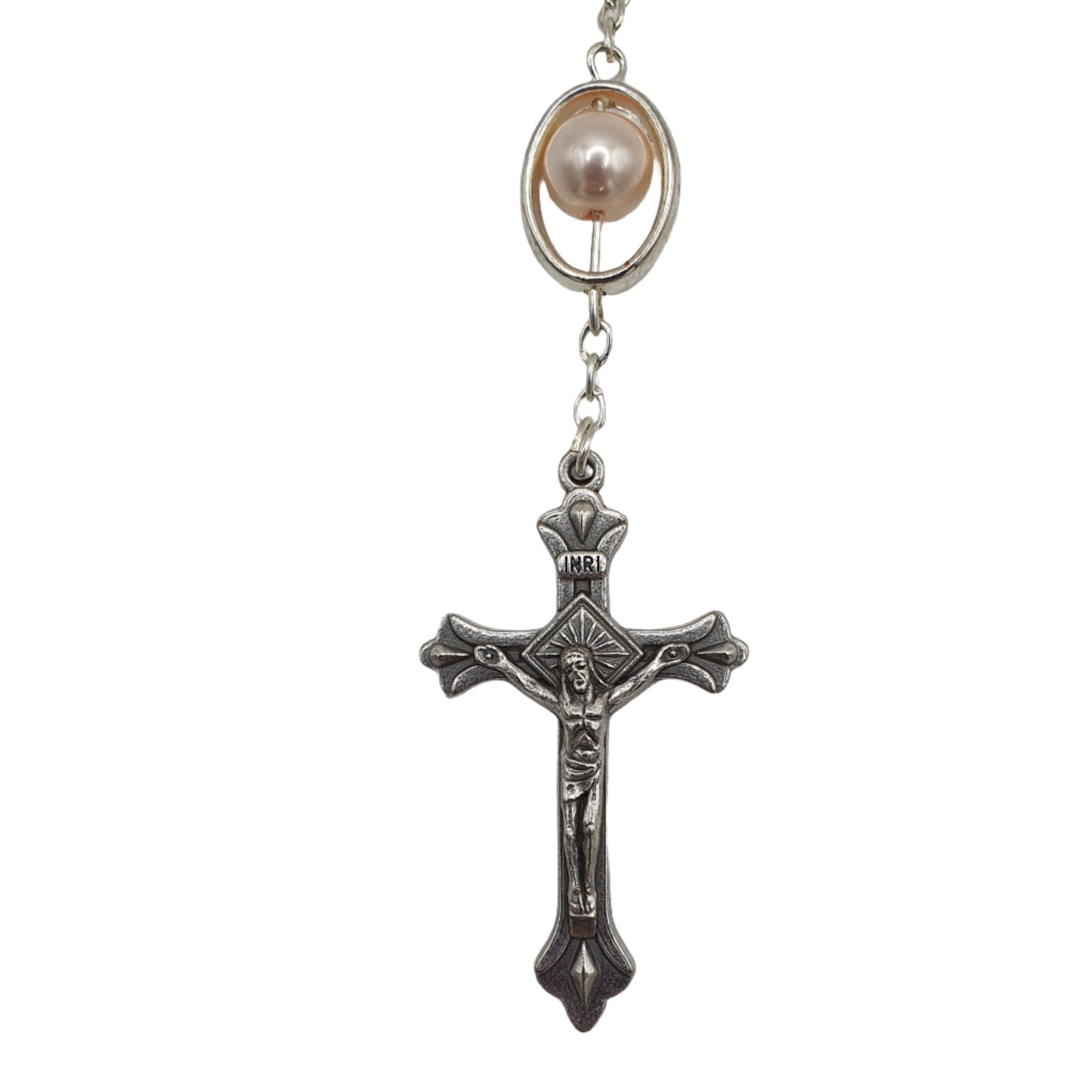 Imitation Pearl Rosary with Our Lady of Walsingham Centrepiece