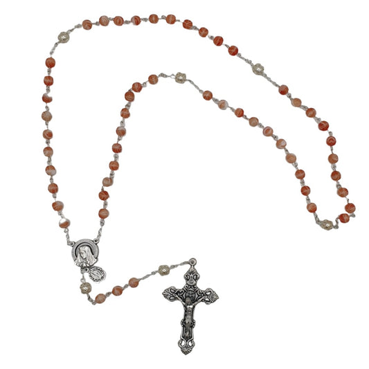 Pink Patterned Stone Rosary with Mary Centrepiece and Miraculous Medal