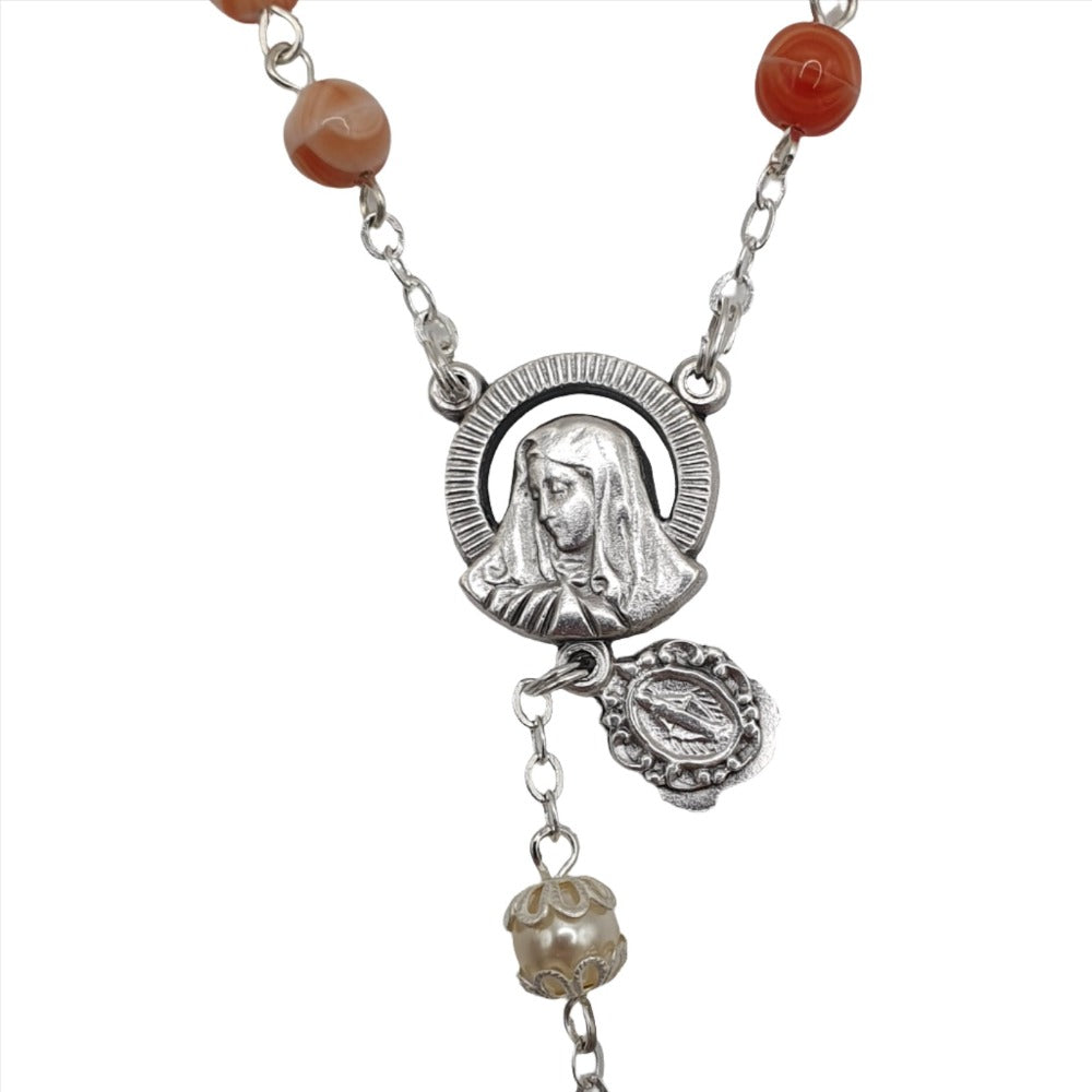 Pink Patterned Stone Rosary with Mary Centrepiece and Miraculous Medal