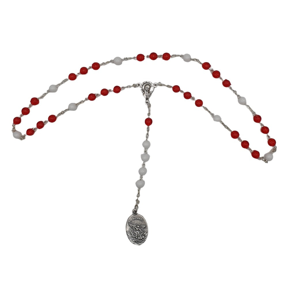 St. Michael Chaplet with Red and White Beads - Devotional Prayer Necklace