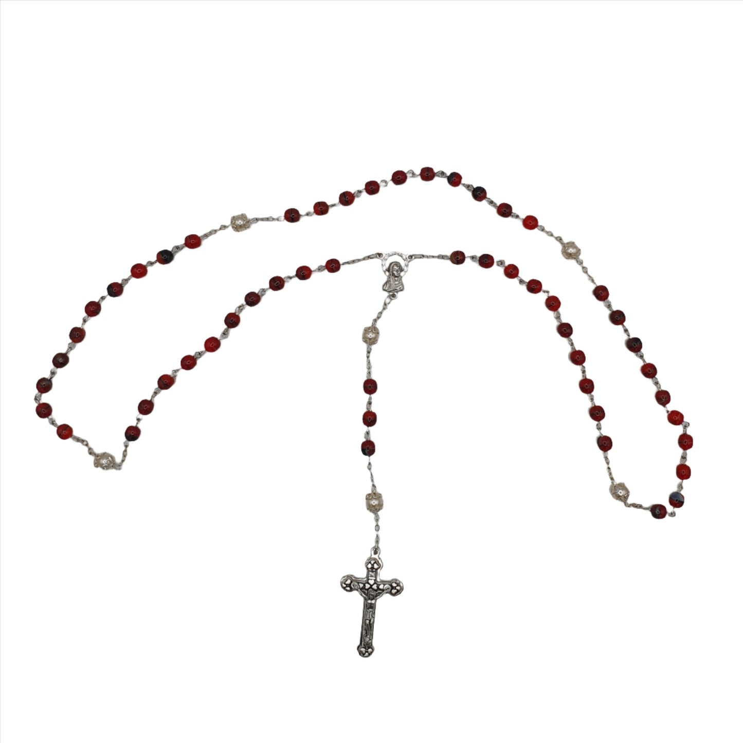 Red Marble Effect Rosary with Imitation Pearls and Mary Centrepiece