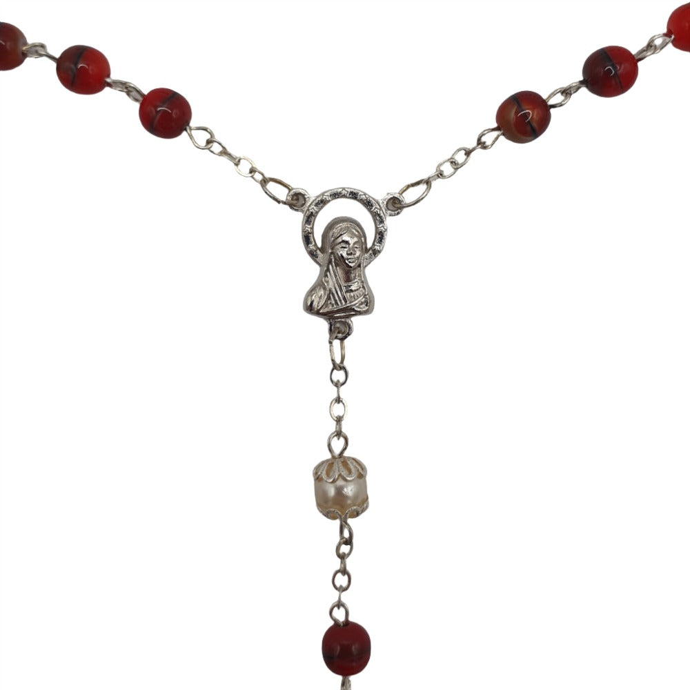 Red Marble Effect Rosary with Imitation Pearls and Mary Centrepiece