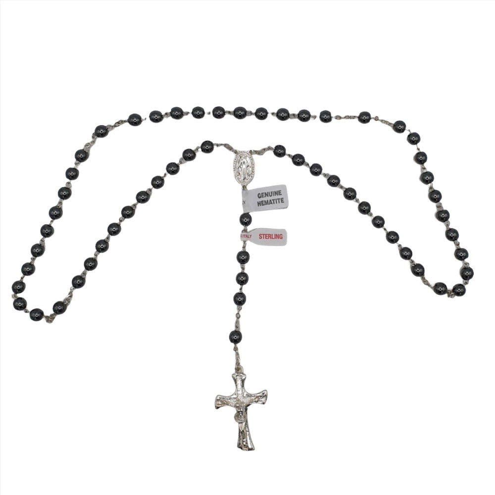 Sterling Silver Rosary with Hematite Beads - Spiritual Necklace for Prayer