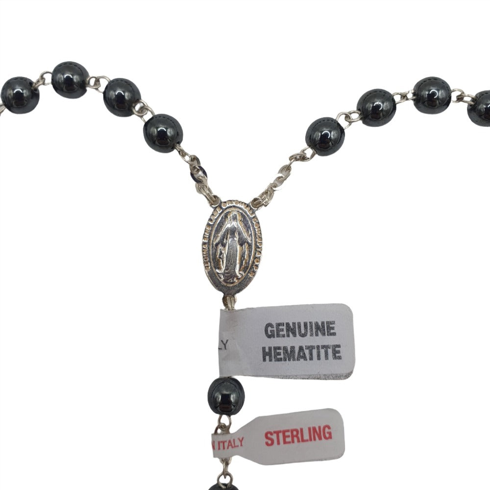 Sterling Silver Rosary with Hematite Beads - Spiritual Necklace for Prayer