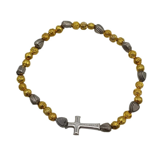 Rosary Bracelet with Silver Hearts and Gold Flower Beads