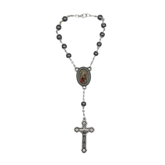 Hematite Bead Car Rosary with St. Christopher Centrepiece