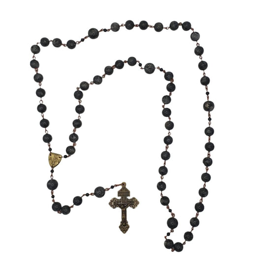 Handmade Larvikite and Black Onyx Rosary with Brass Pardon Crucifix