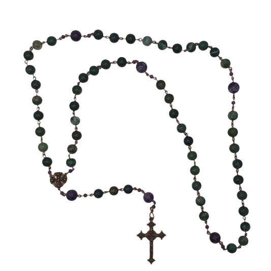 Handmade Moss Agate and Sage Amethyst Rosary with Bronze Jerusalem Centrepiece and Gothic Crucifix