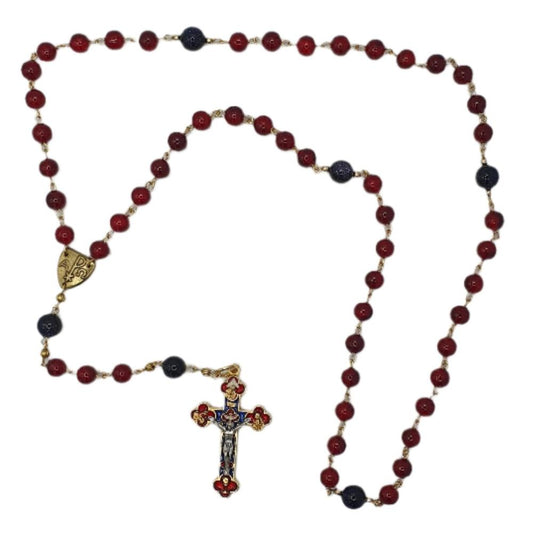 Handmade Blue Goldstone and Red Glass Rosary with Chi Rho Centrepiece and Enamelled Crucifix