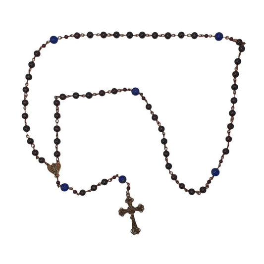 Handmade Garnet and Lapis Lazuli Rosary with Bronze Cross and Fleur-de-Lis Crucifix