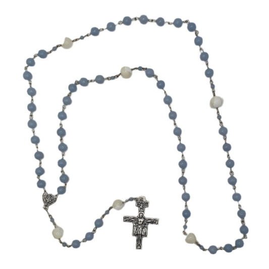 Handmade Angelite and Mother of Pearl Rosary with San Damiano Crucifix