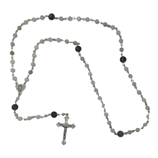 Single Decade Rosary with Jade, Larvikite Beads and Sterling Silver Fleur-de-Lys Crucifix