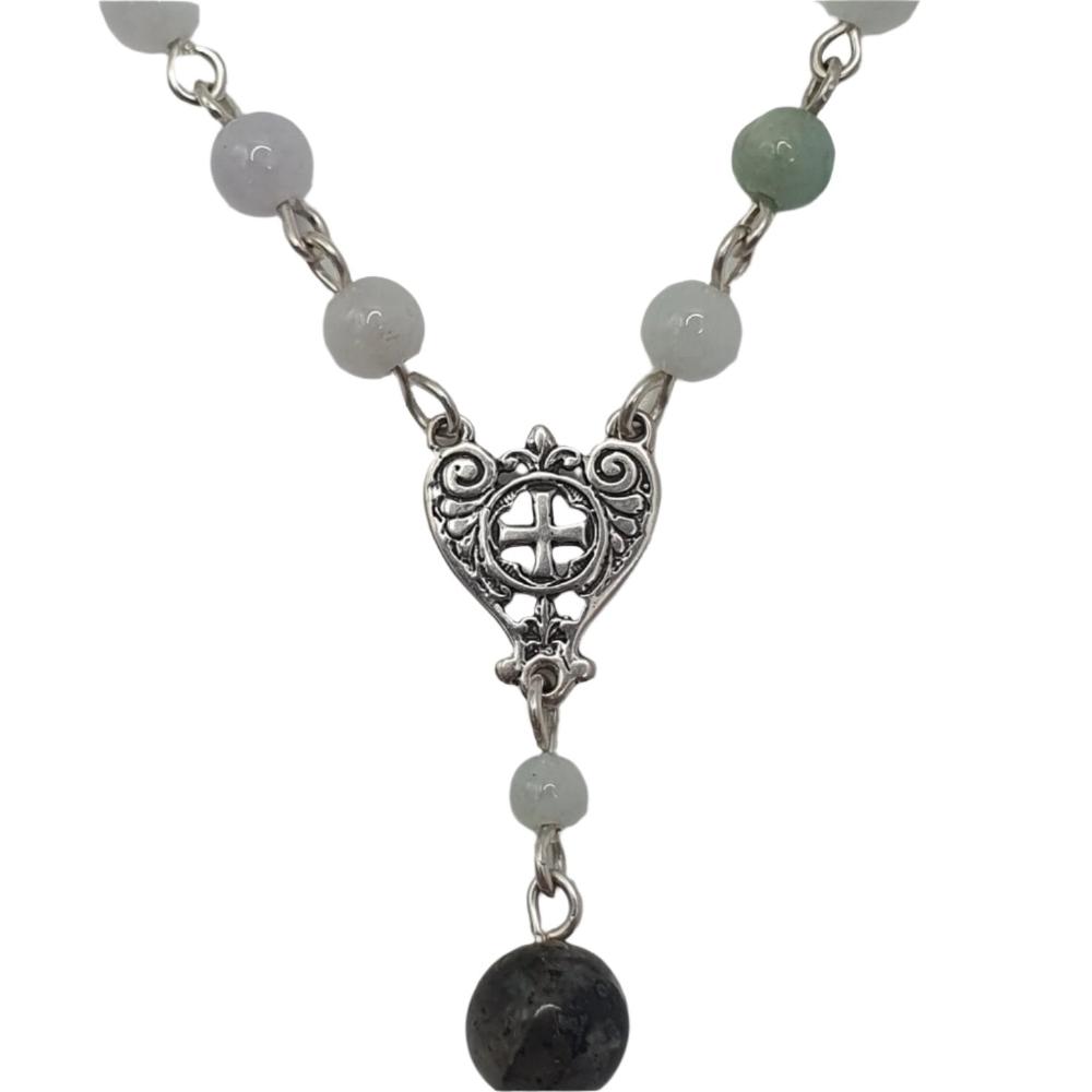 Single Decade Rosary with Jade, Larvikite Beads and Sterling Silver Fleur-de-Lys Crucifix