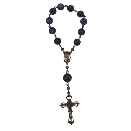 Handmade Sage Amethyst and Moss Agate Pocket Rosary with Bronze Filigree Crucifix