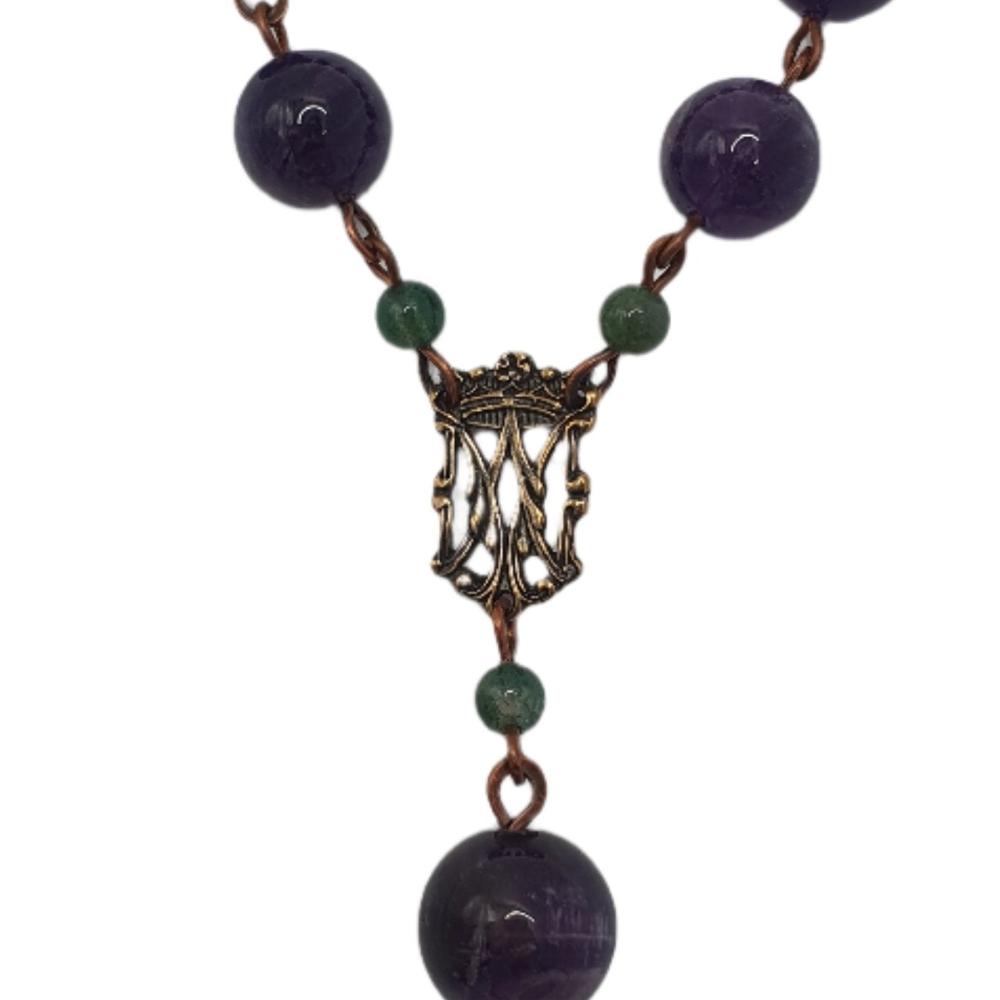 Handmade Sage Amethyst and Moss Agate Pocket Rosary with Bronze Filigree Crucifix