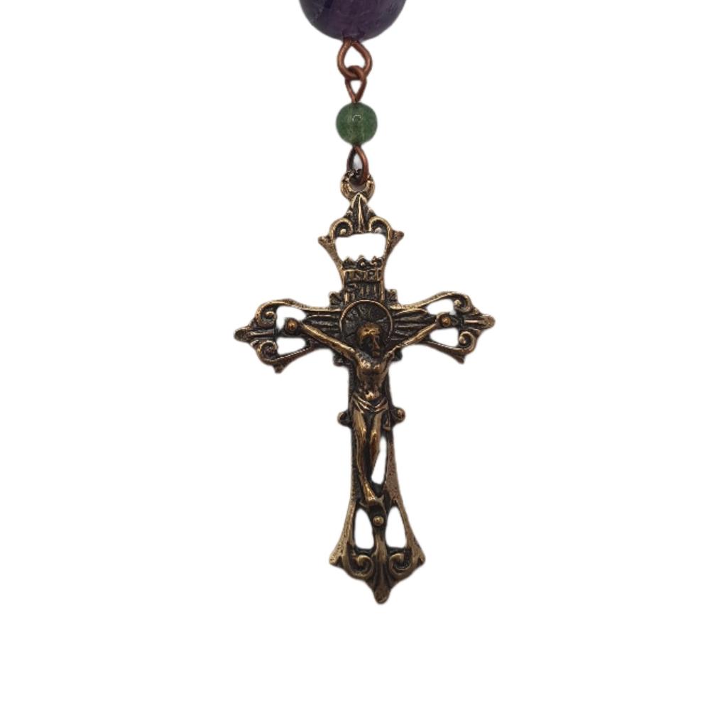 Handmade Sage Amethyst and Moss Agate Pocket Rosary with Bronze Filigree Crucifix