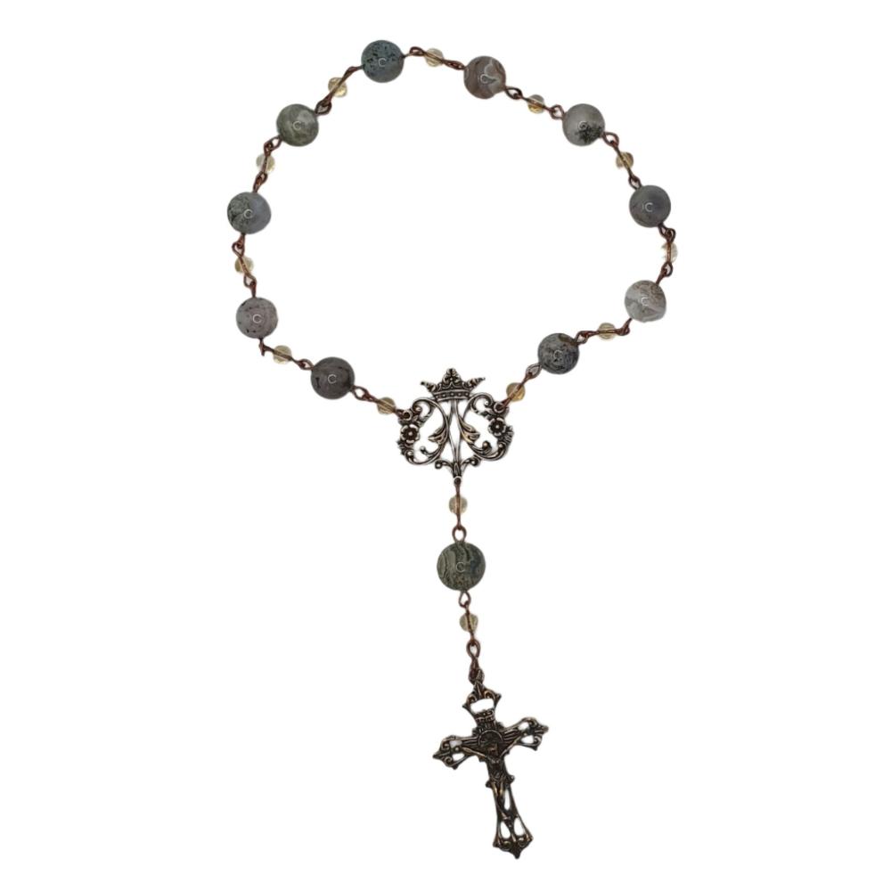 Single Decade Pocket Rosary with Ocean Agate, Citrine Beads and Auspice Maria Crucifix