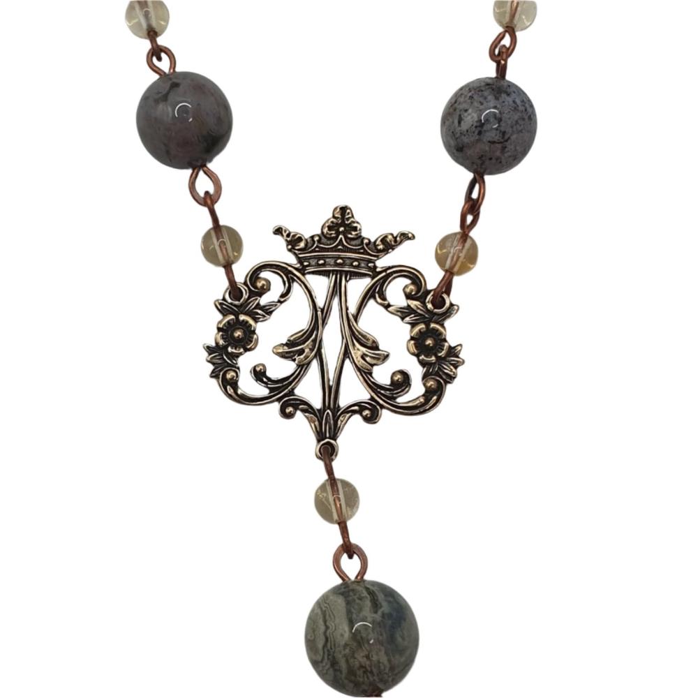 Single Decade Pocket Rosary with Ocean Agate, Citrine Beads and Auspice Maria Crucifix