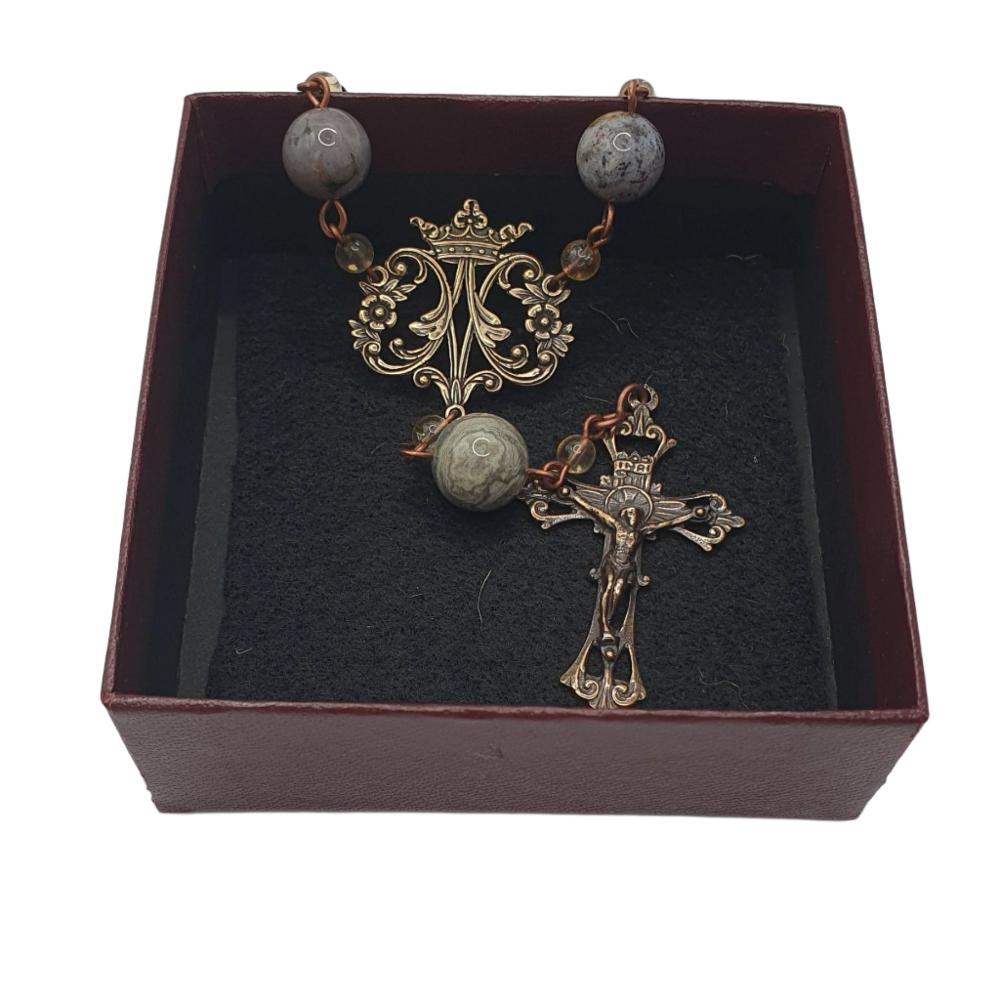 Single Decade Pocket Rosary with Ocean Agate, Citrine Beads and Auspice Maria Crucifix