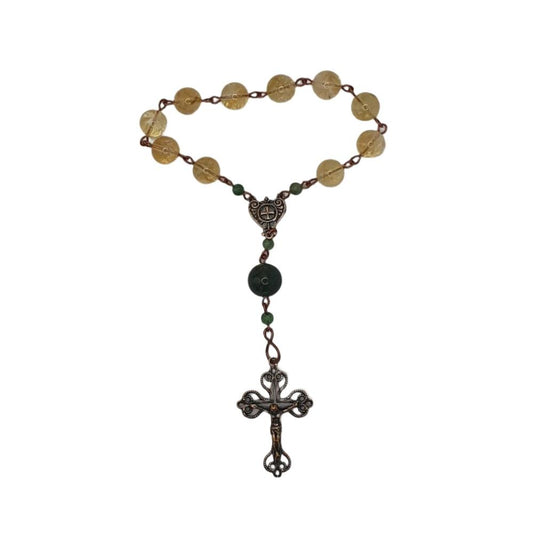 Single Decade Pocket Rosary with Citrine, Moss Agate Beads and Fleur-de-lis Crucifix