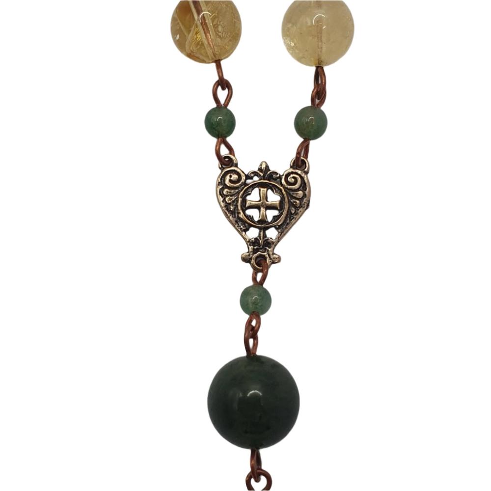 Single Decade Pocket Rosary with Citrine, Moss Agate Beads and Fleur-de-lis Crucifix