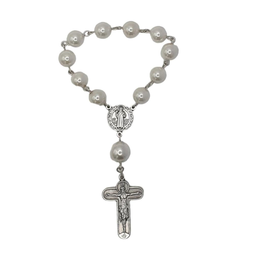 Single Decade Rosary with Shell Pearl Beads, Sterling Silver Links and St. Benedict Medal